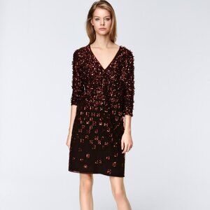 Escada Runway Sequin Cocktail Dress Burgundy Marsala Silk Lined EU 36